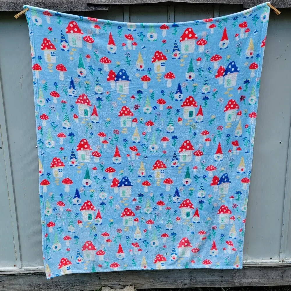 Light Blue Fleece Throw w/ Gnomes & Mushroom Houses - 50